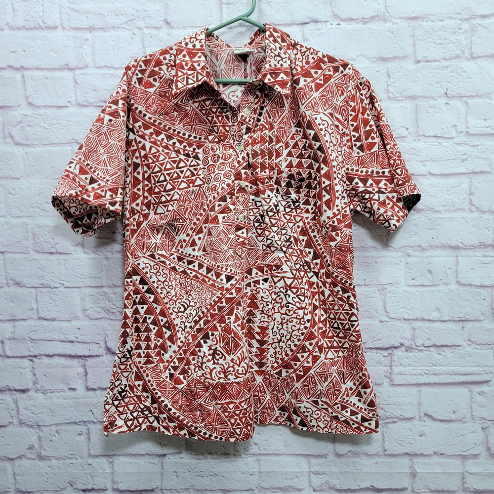 VTG Go Barefoot Tribal Aloha Hawaiian Shirt Women XL Red Geometric Tropical